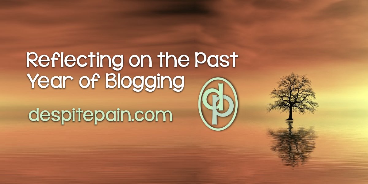 Reflecting on the past year of blogging. Pic of sunset with tree reflecting on water