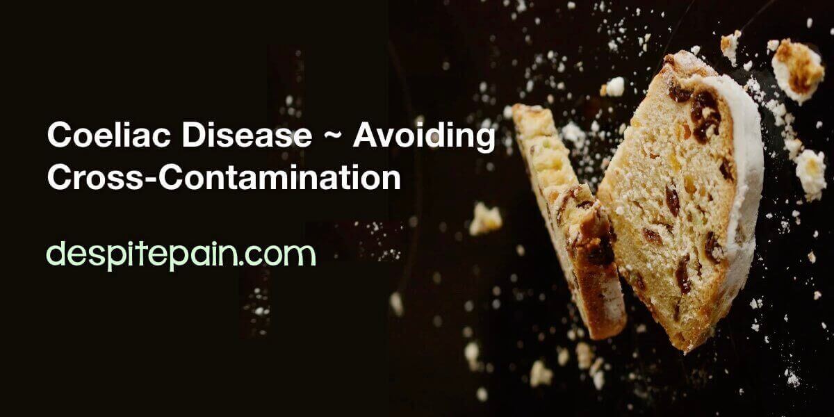 How to avoid cross-contamination if you have coeliac disease. The image has slices of fruit bread, with crumbs flying through the air. The picture has a black background. a black backgrou