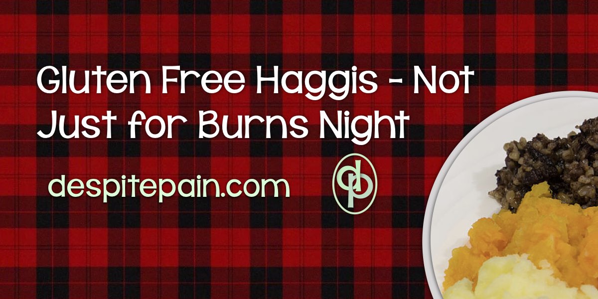 Gluten free haggis - not just for Burns NIght. Plate with haggis, neeps and tatties on a white plate with red and black tartan background
