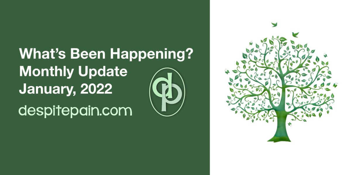 What's been happening, monthly update, January 2022. White writing on a green background. A graphic of a green tree with two birds on a white background