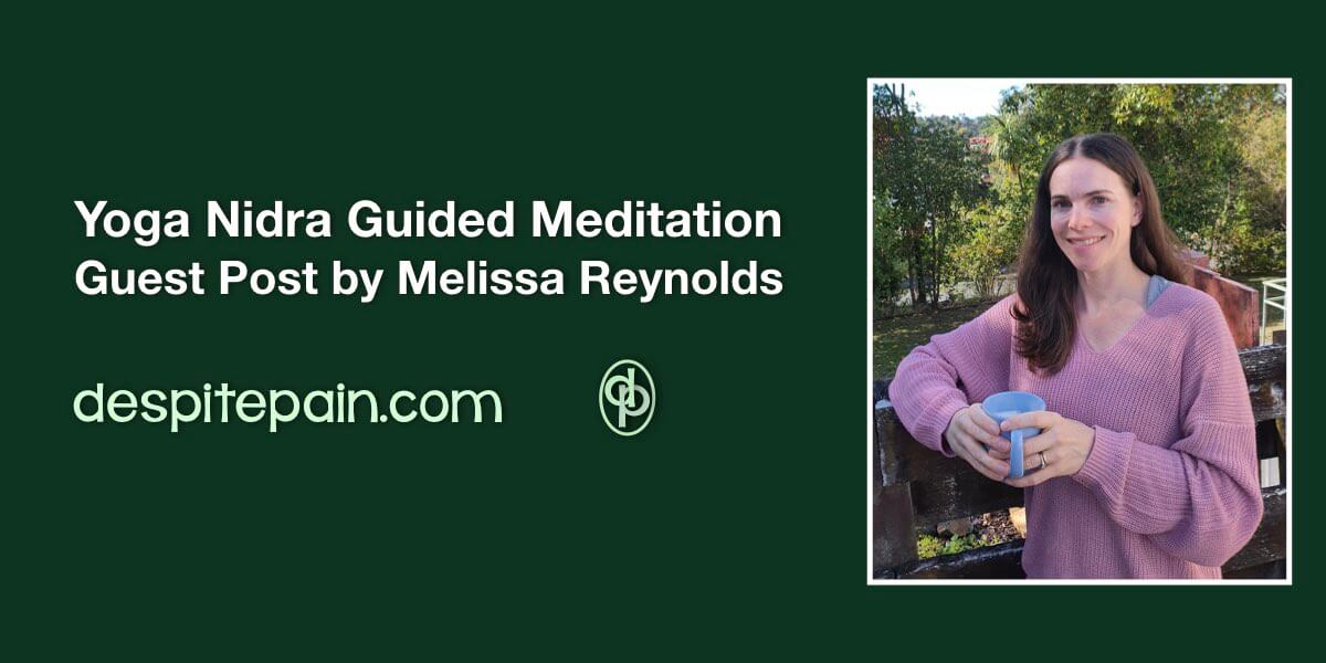 Yoga Nidra - guest Post by Melissa Reynolds. Photograph of Melissa standing outside with trees in the background. She has long dark brown hair, is wearing a pink jumper, holding a blue mug.