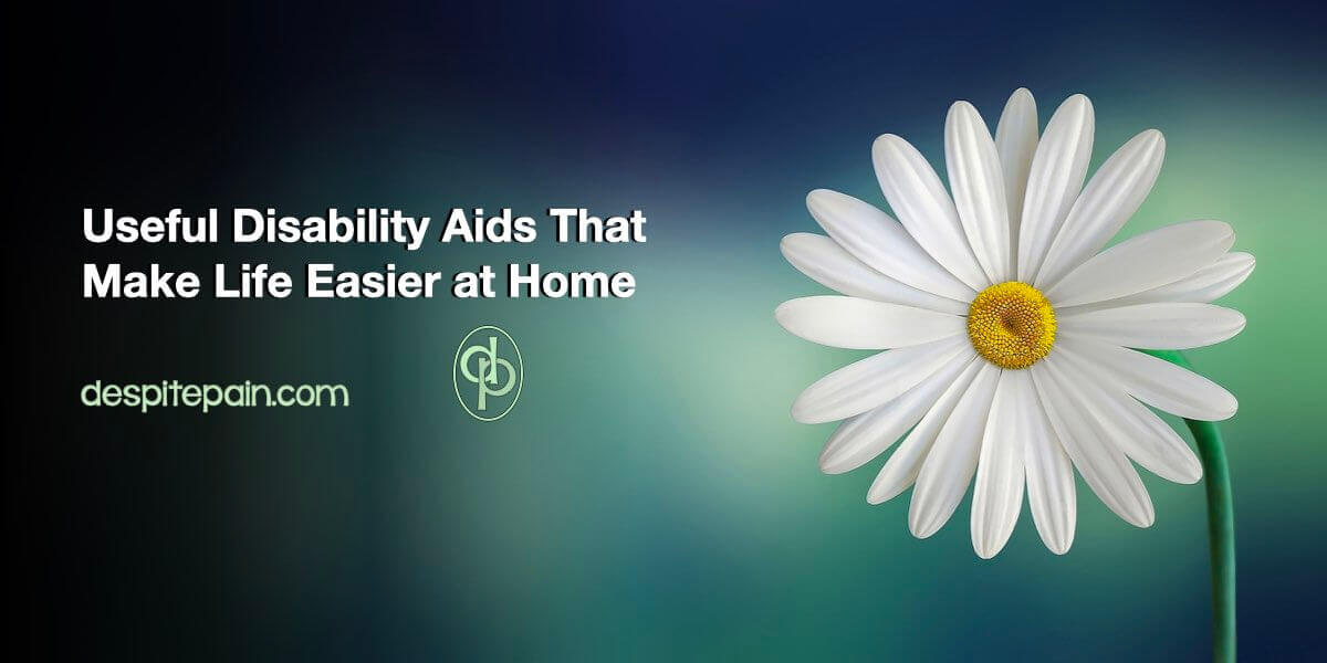 Useful disability aids that make life easier at home. There is an image of a large daisy.
