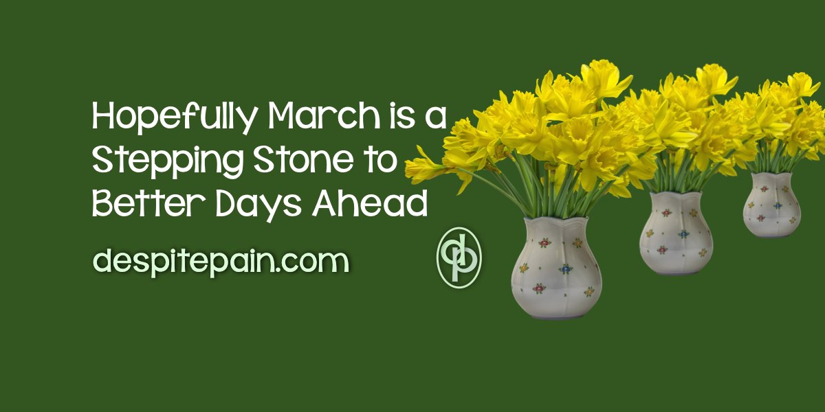 Green background with 3 china vases of daffodils. Words say hopefully March has better days ahead