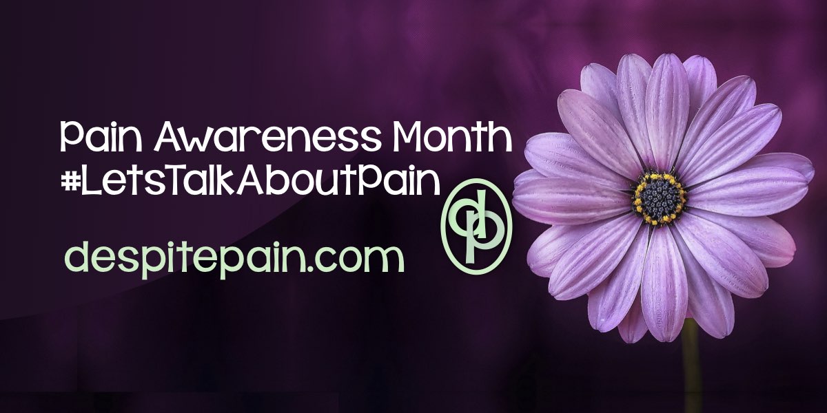 September is Pain awareness month. The theme is Let's talk about pain. #LetsTalkAboutPain. Purple background with purple flower.