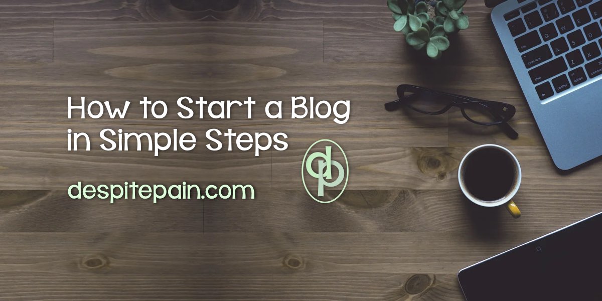 How to start a blog in simple steps. Picture of a laptop on a wooden desk with a plant, glasses and a mug of coffee.
