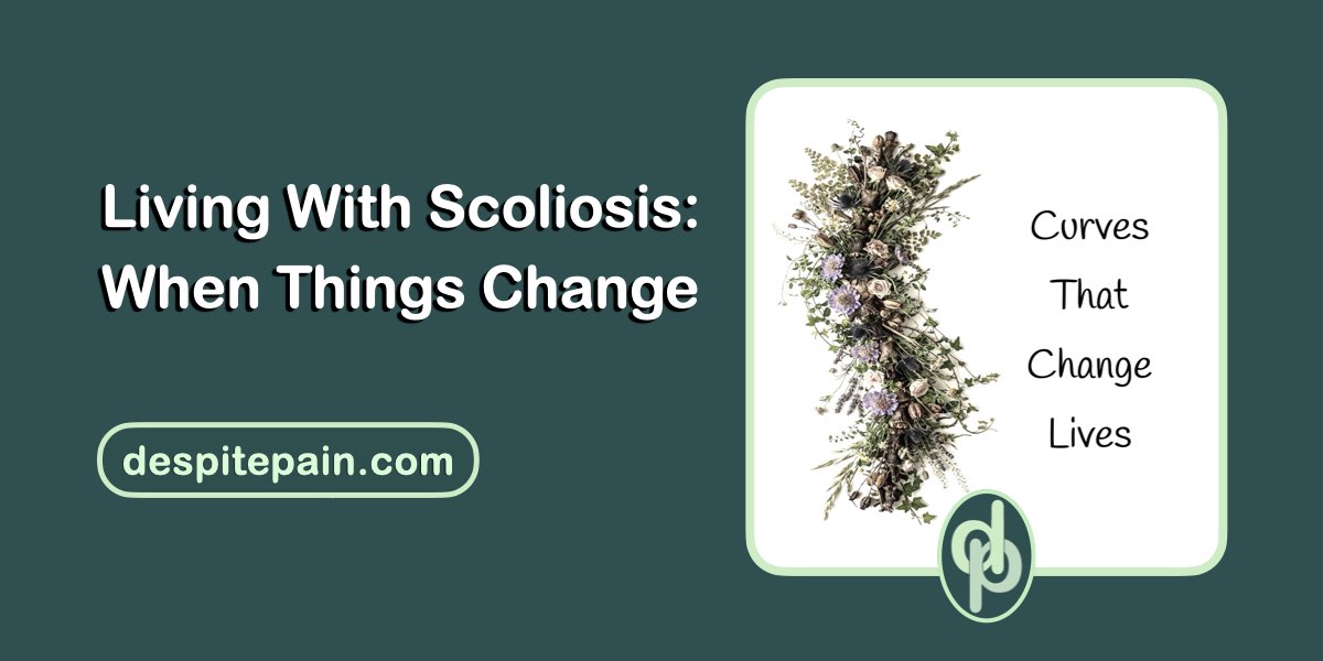 A colrouful image of flowers in a trail, representing a spinal curve. Text: Living with Scoliosis — When Things Change. Text Next to the flowers: Curves that change lives.
