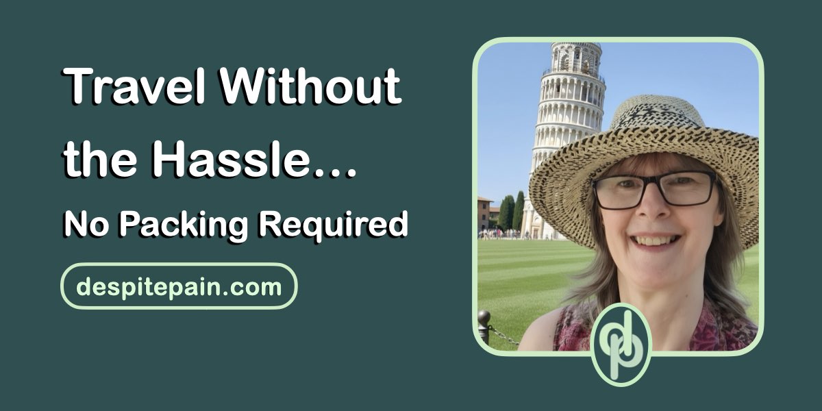 Travel without the hassle...no packing required. The image shows a photo of me standing in front of the leaning tower of Pisa